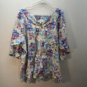 Charter Club Luxury Womens Top 2X White Floral 100% Linen Flowy Flutter Sleeve
